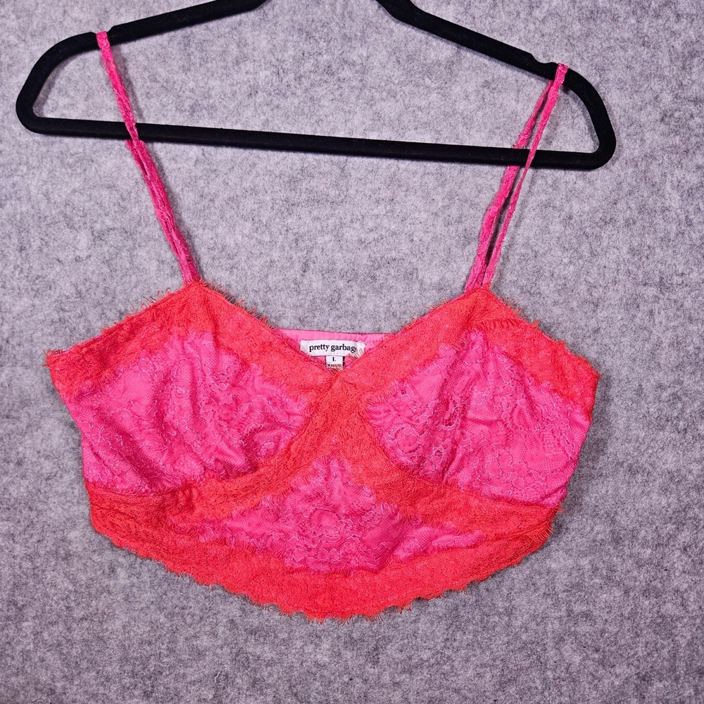 Womens Hot Pink Lace Cropped Cami Top Eyelash Trim Festival Party Club Y2K Sz L